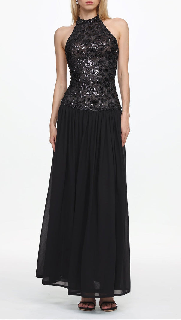 Encho Halter Ruched Mesh Sequin Maxi Dress