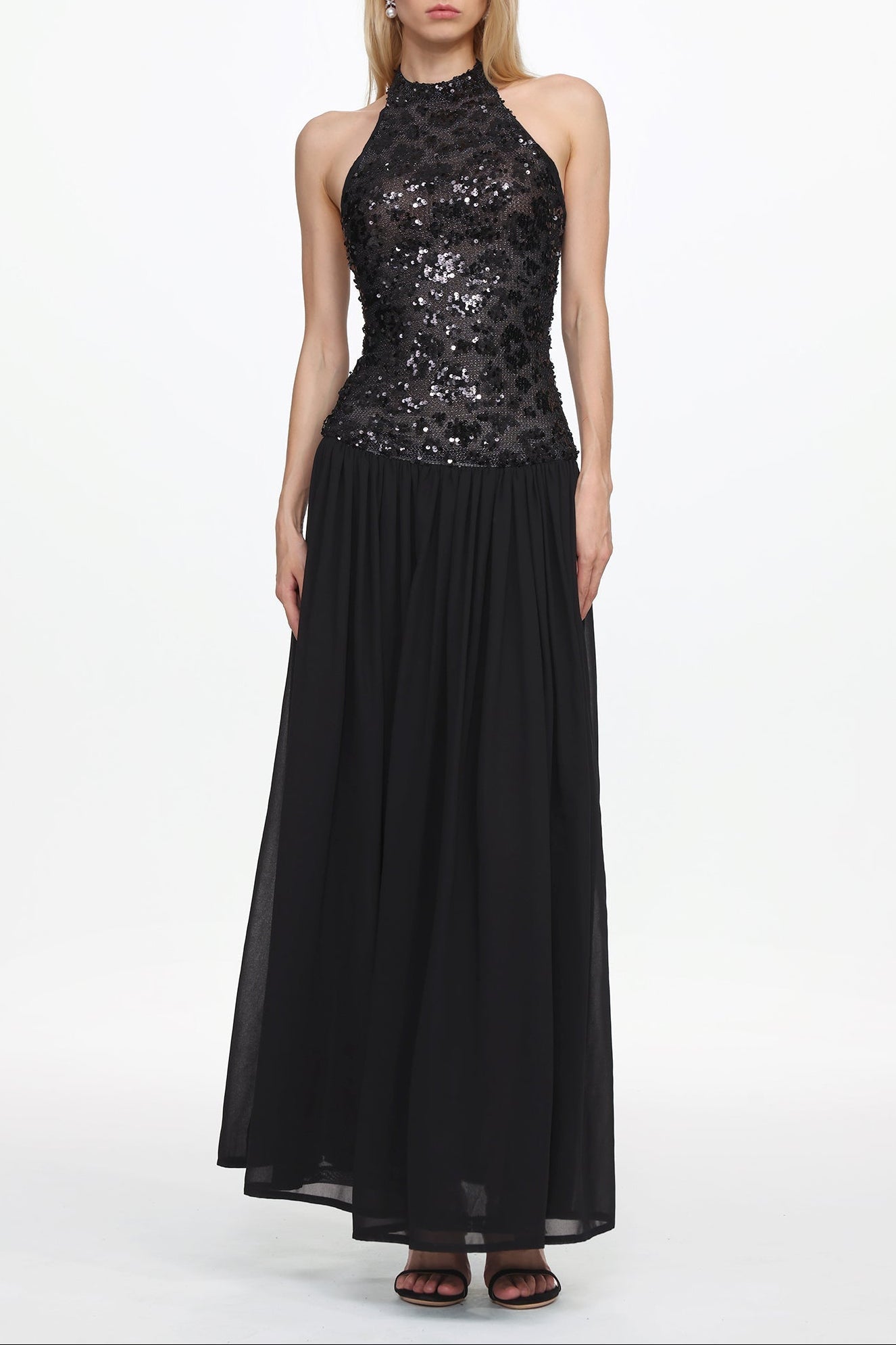 Encho Halter Ruched Mesh Sequin Maxi Dress