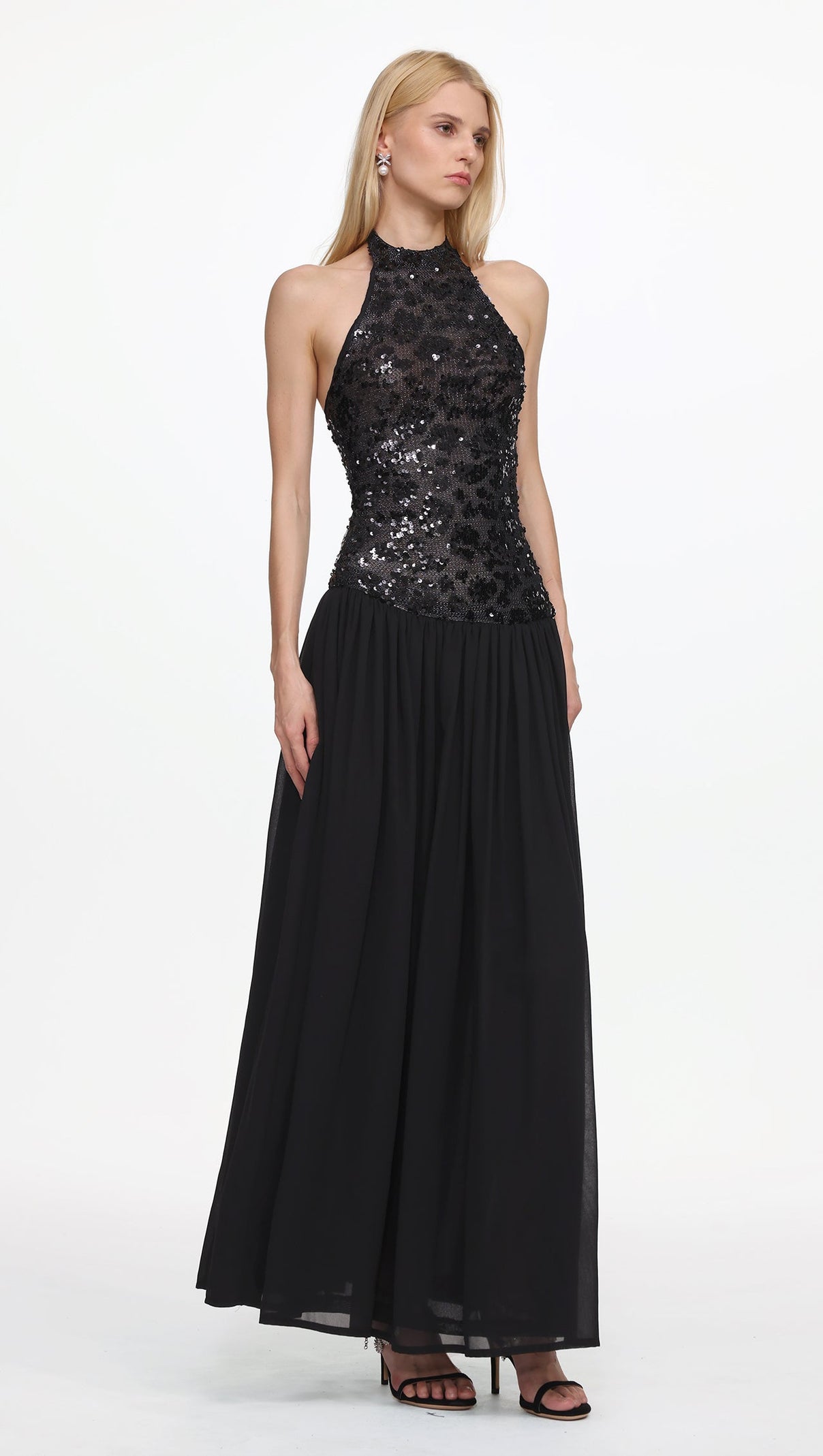 Encho Halter Ruched Mesh Sequin Maxi Dress