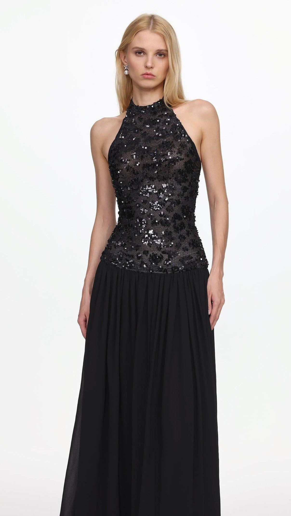 Encho Halter Ruched Mesh Sequin Maxi Dress