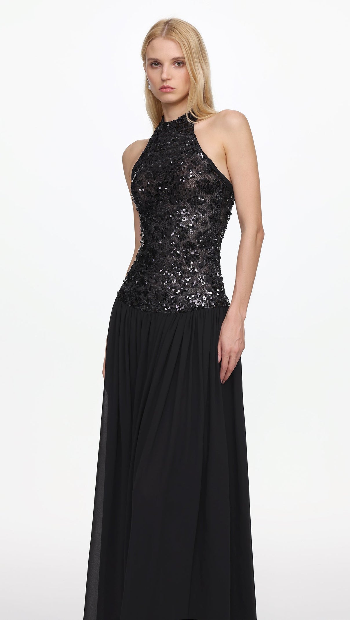 Encho Halter Ruched Mesh Sequin Maxi Dress