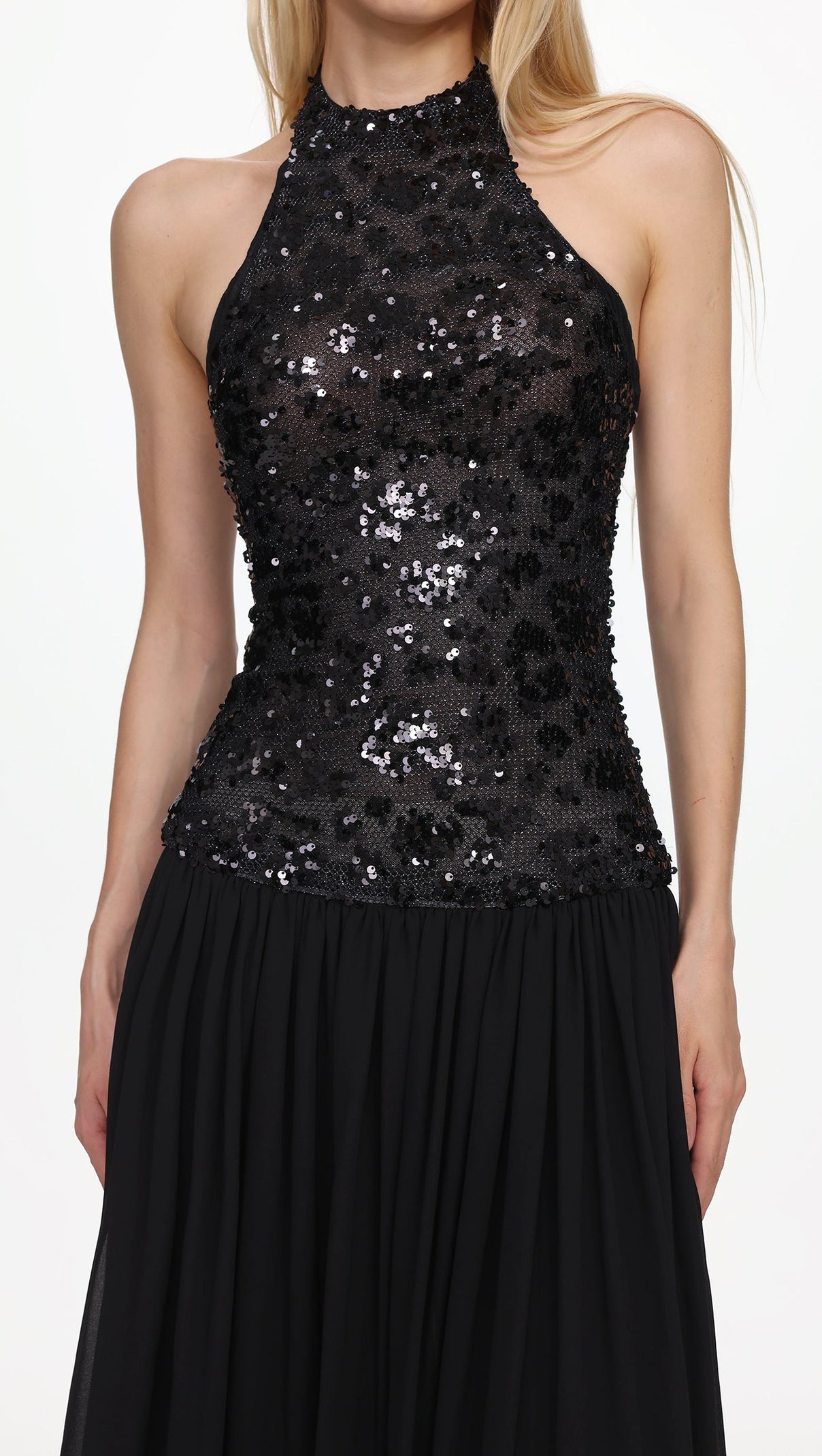 Encho Halter Ruched Mesh Sequin Maxi Dress