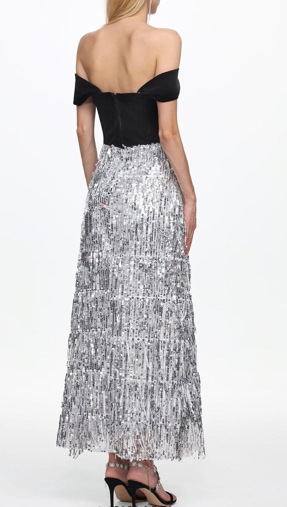 Merrit Off Shoulder Fringe Velvet Maxi Dress