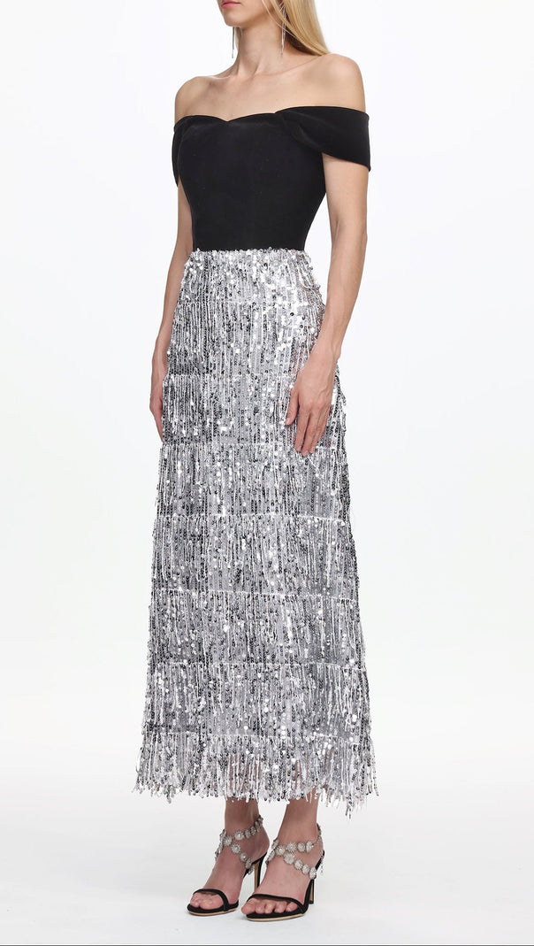 AIIZIE Merrit Off Shoulder Fringe Velvet Maxi Dress - product image