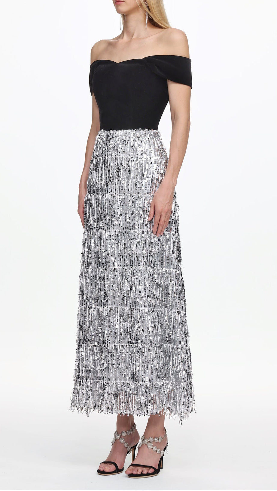Merrit Off Shoulder Fringe Velvet Maxi Dress