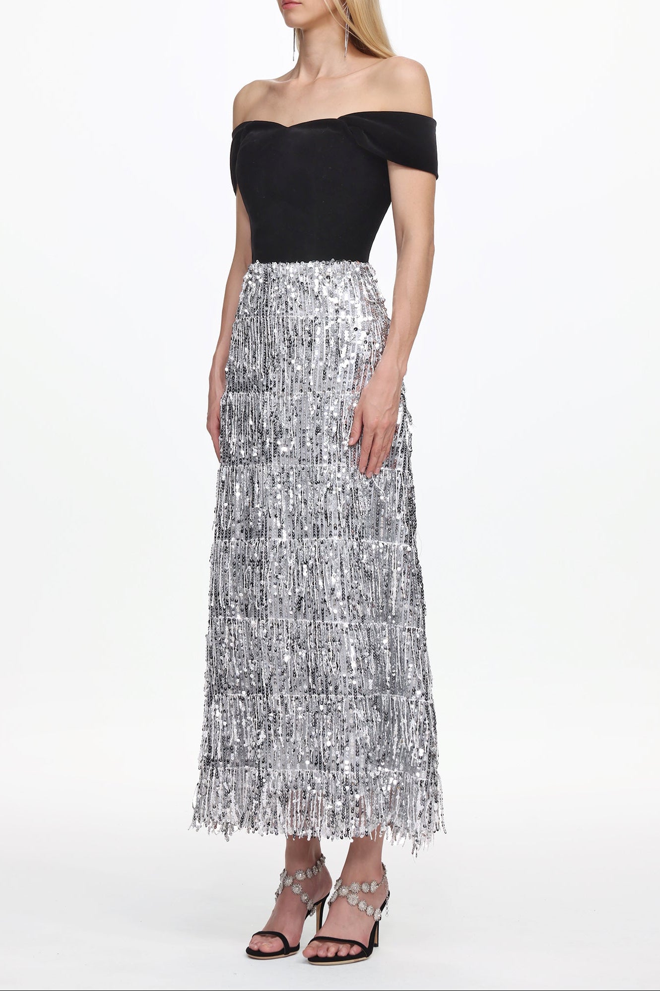 Merrit Off Shoulder Fringe Velvet Maxi Dress