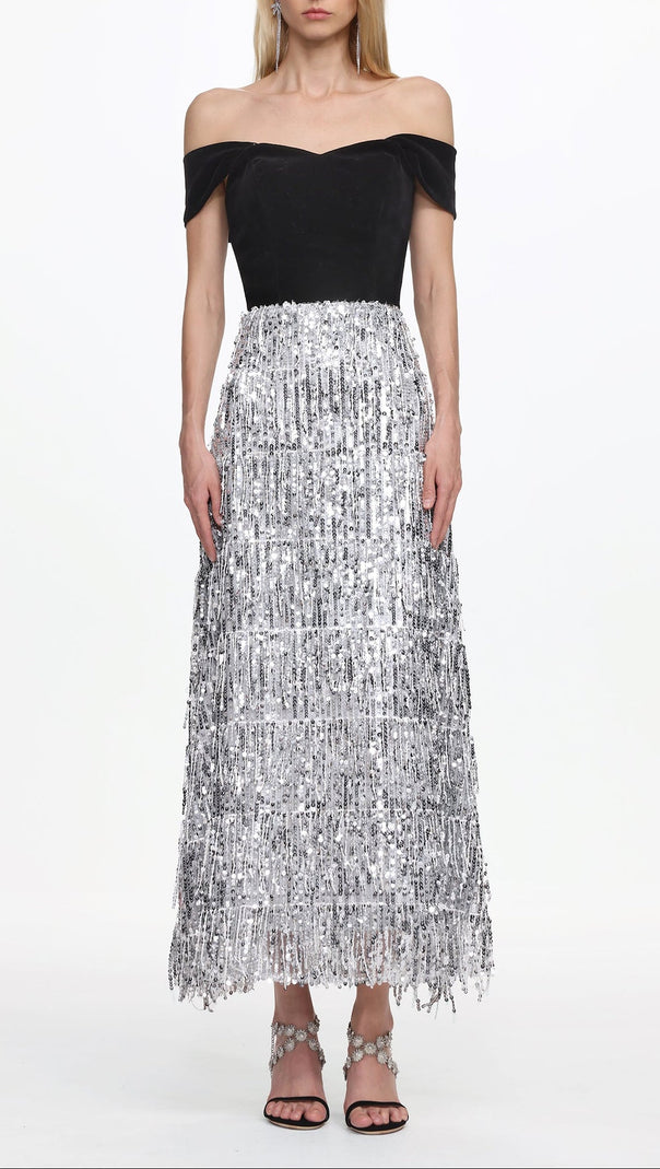 AIIZIE Merrit Off Shoulder Fringe Velvet Maxi Dress - product image