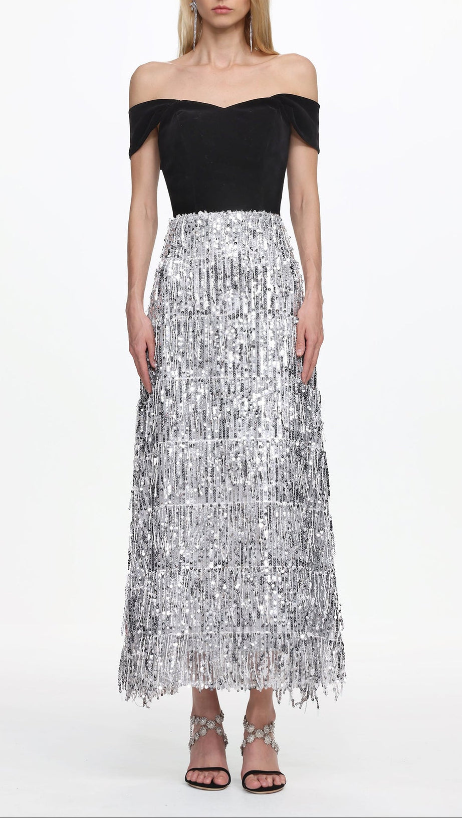Merrit Off Shoulder Fringe Velvet Maxi Dress