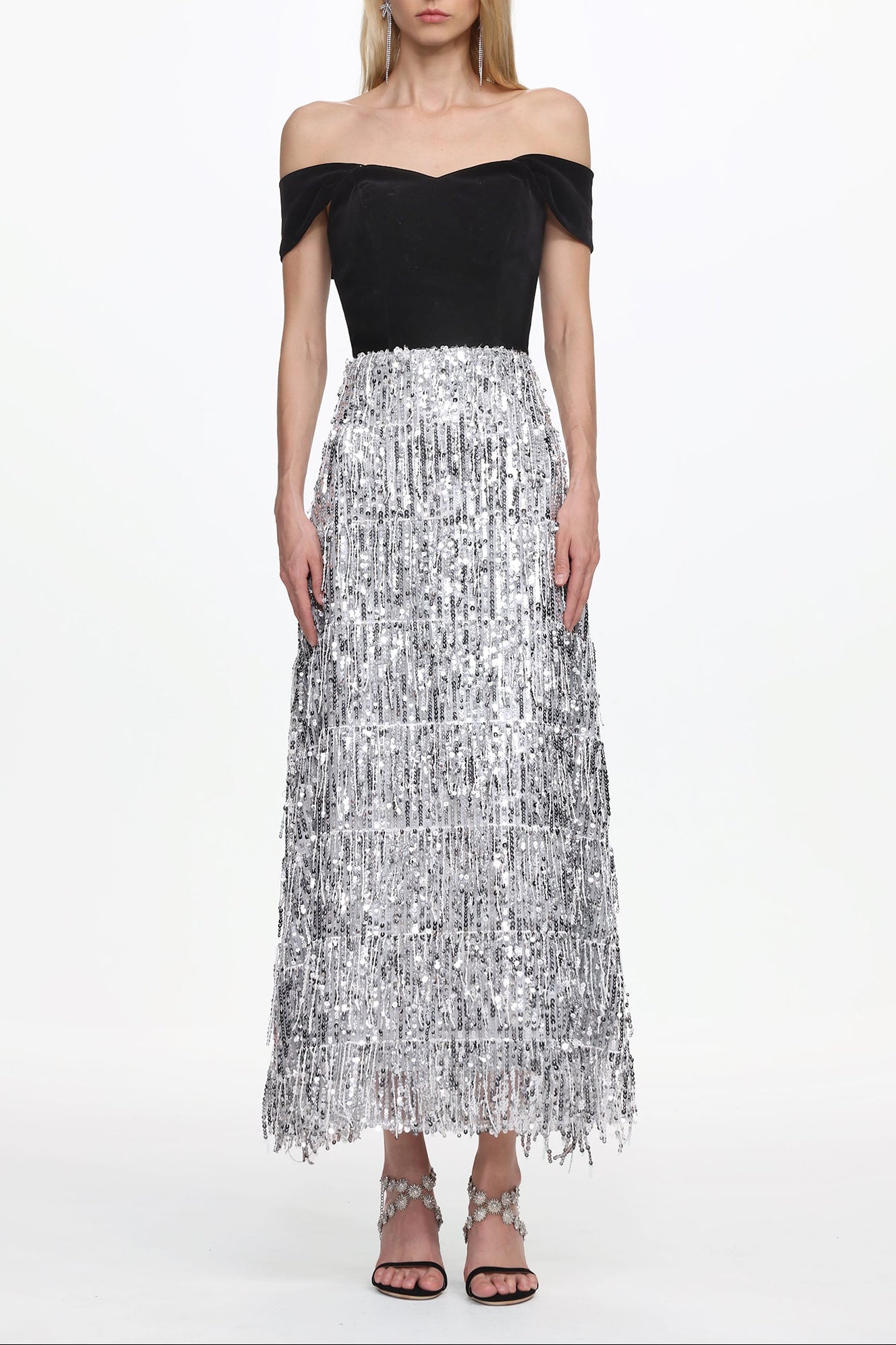 Merrit Off Shoulder Fringe Velvet Maxi Dress