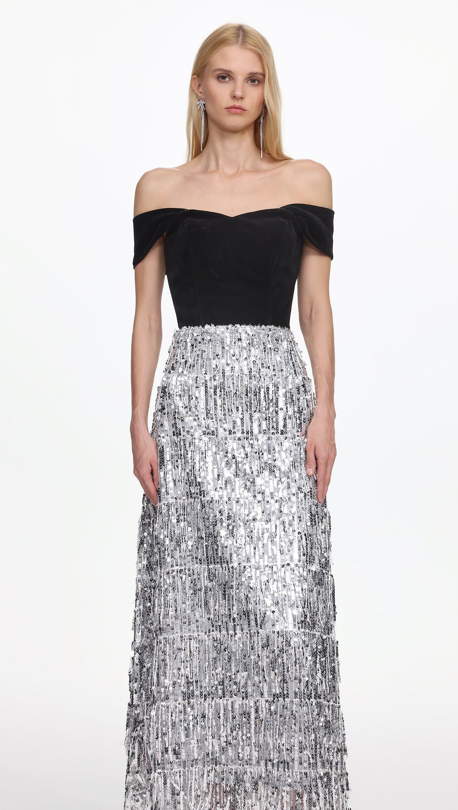 Merrit Off Shoulder Fringe Velvet Maxi Dress