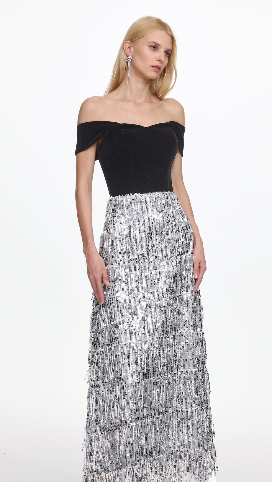 Merrit Off Shoulder Fringe Velvet Maxi Dress