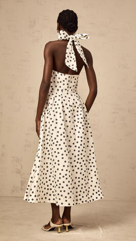 BOW POLKA DOT HALTER NECK MIDI DRESS IN WHITE