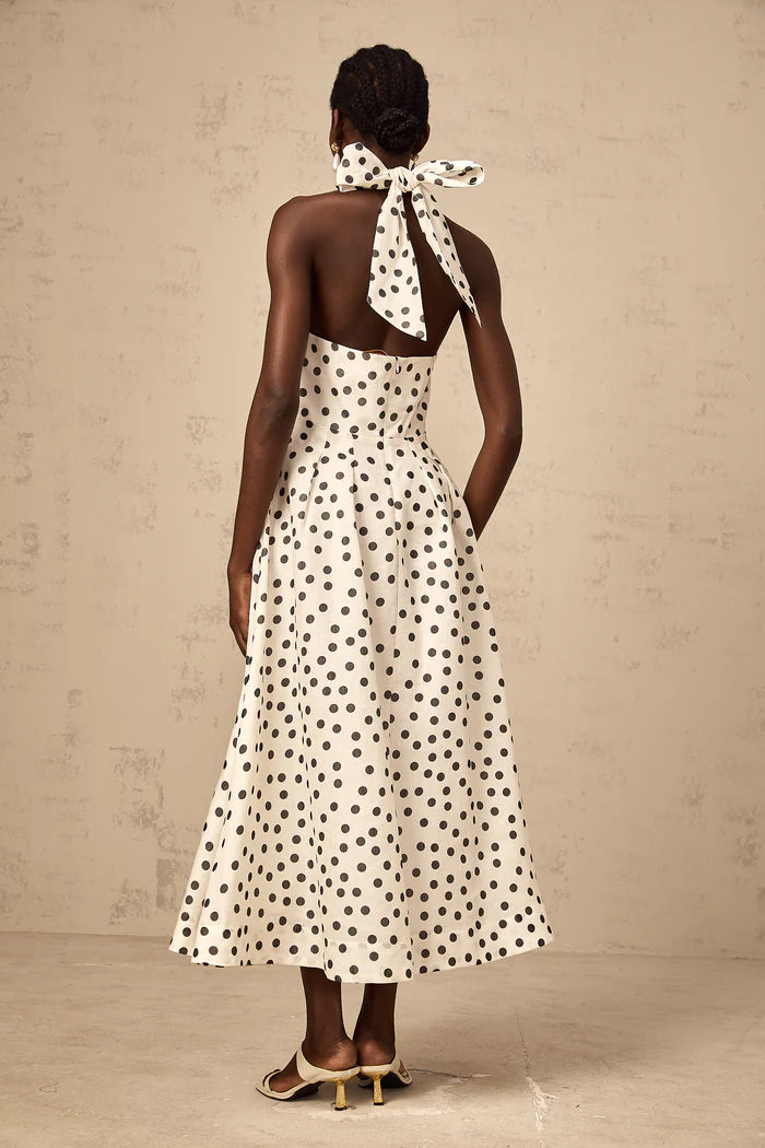 BOW POLKA DOT HALTER NECK MIDI DRESS IN WHITE