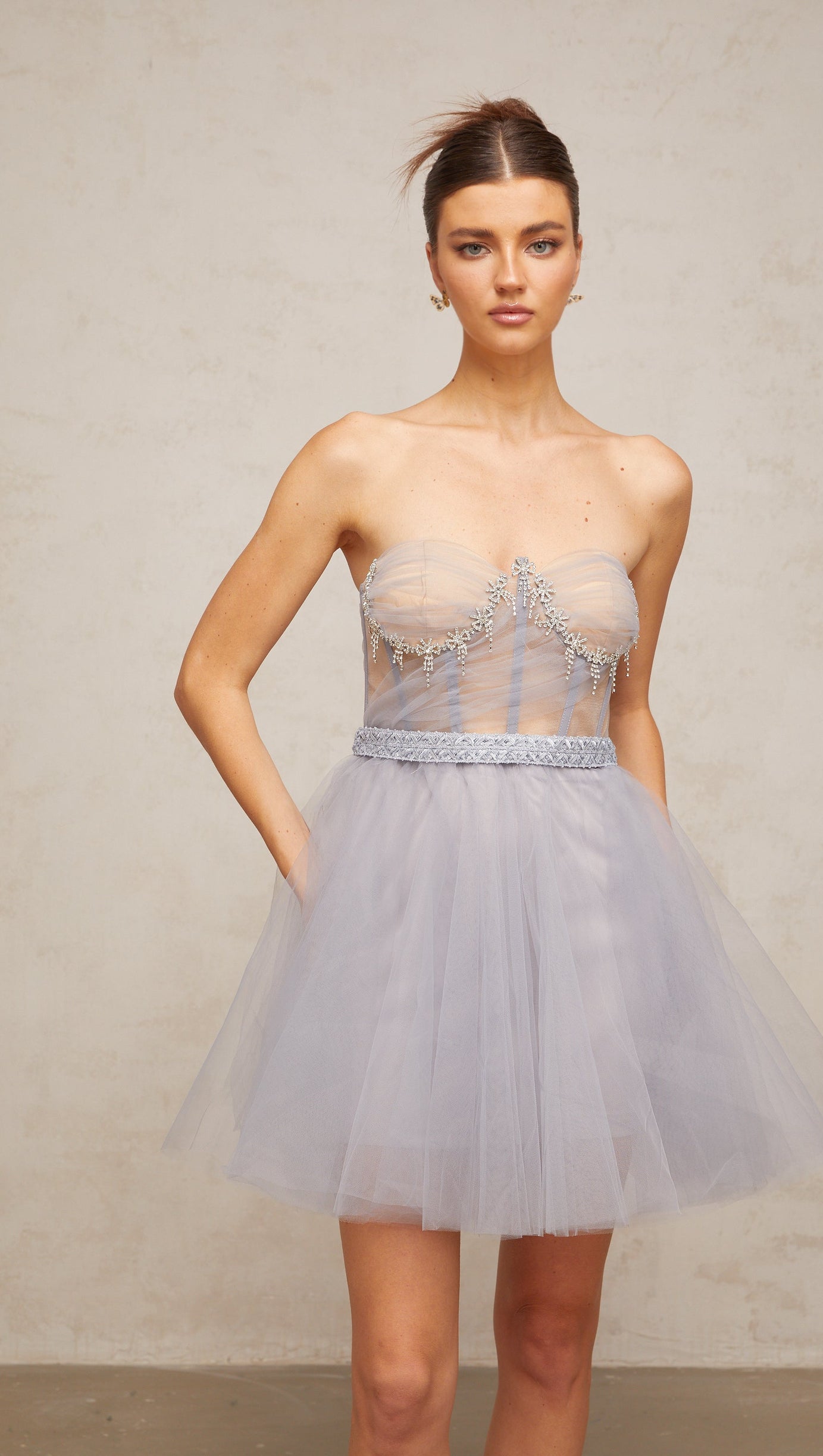 madeline grey embellished puff tulle mini dress