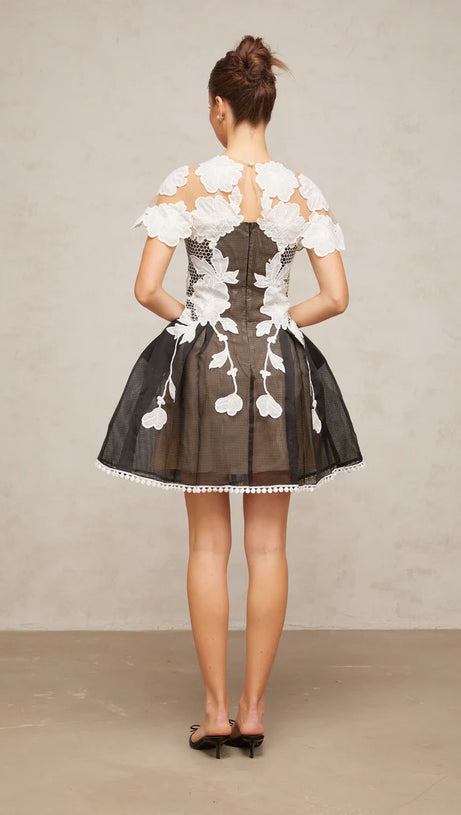 BLACK-WHITE LACE FLOWER EMBELLISHED MINI DRESS