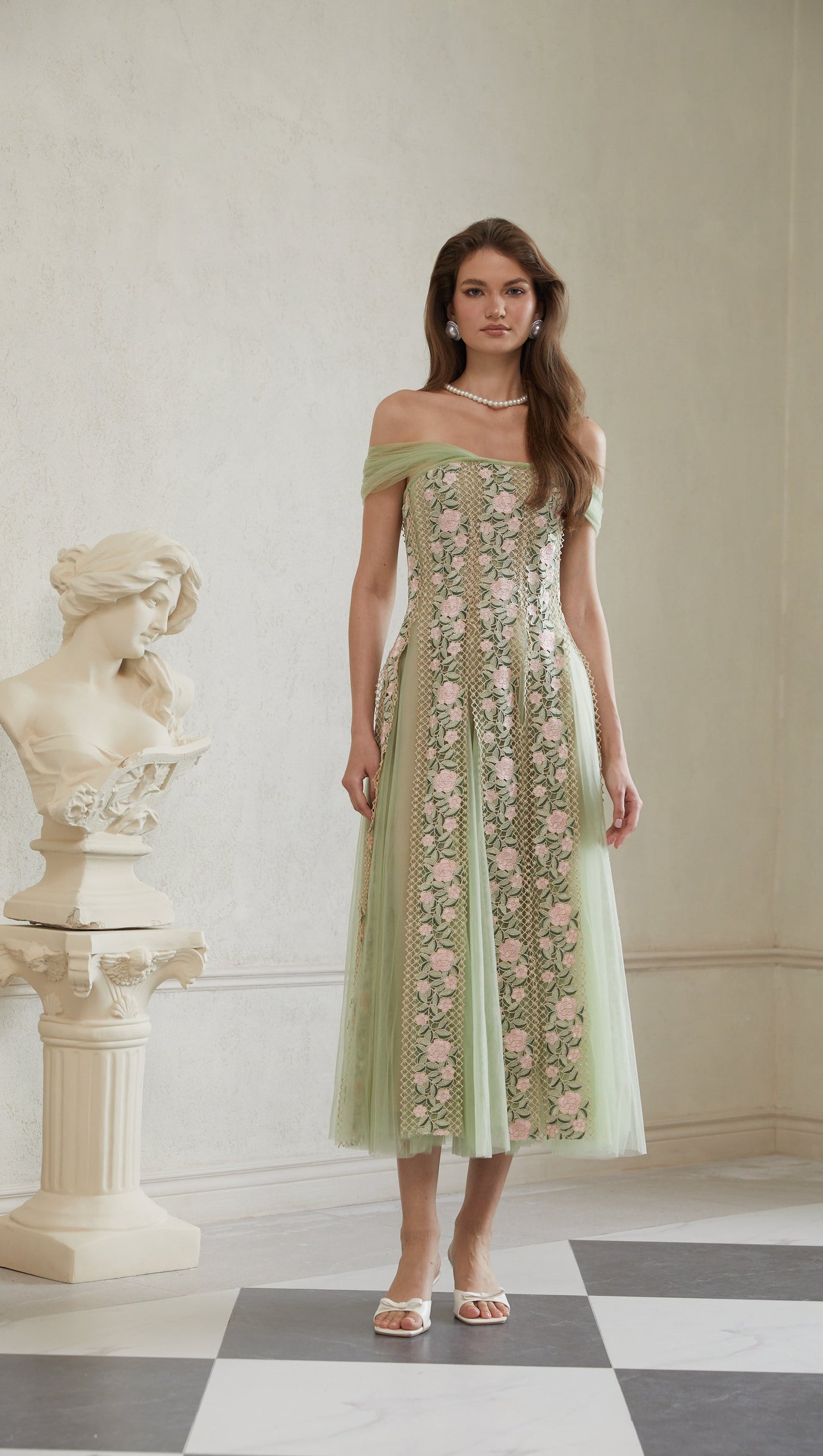 octavia Tulle Panel Floral Midi Dress in green