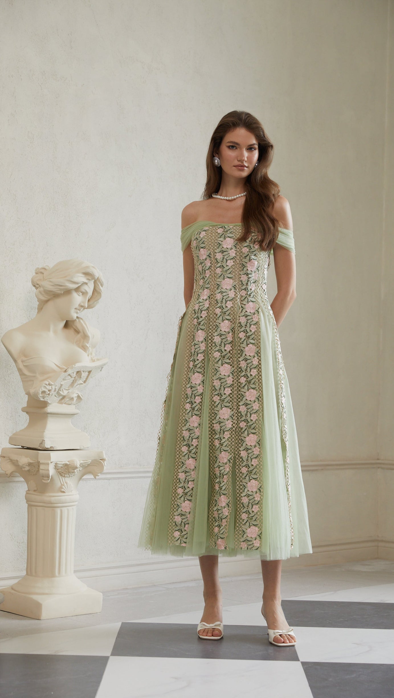 octavia Tulle Panel Floral Midi Dress in green