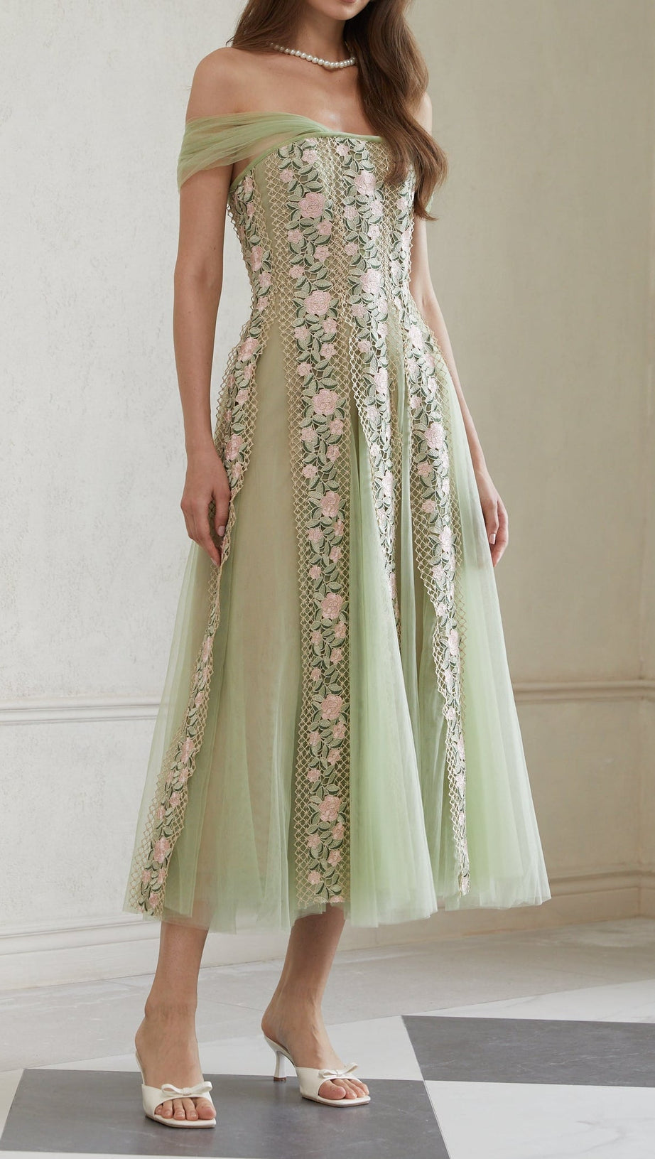 octavia Tulle Panel Floral Midi Dress in green