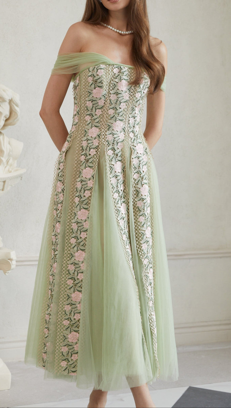 octavia Tulle Panel Floral Midi Dress in green