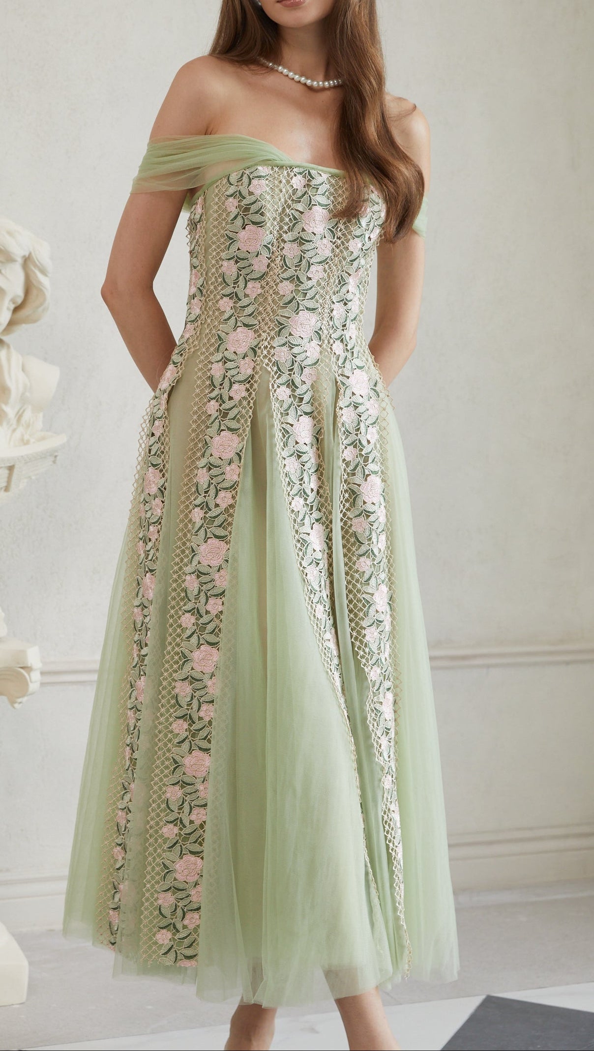 AIIZIE octavia Tulle Panel Floral Midi Dress in green - product image