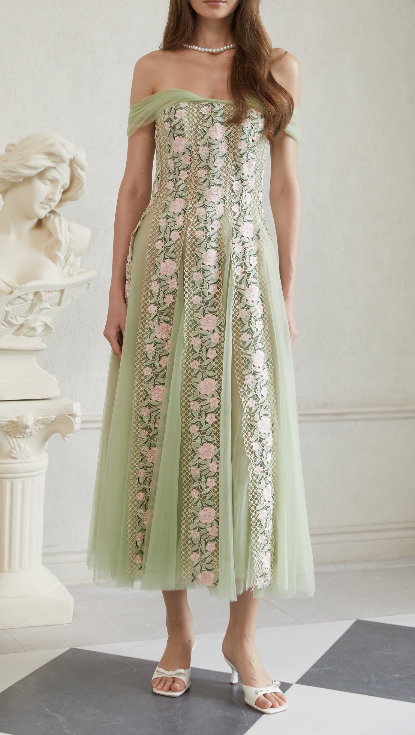 octavia Tulle Panel Floral Midi Dress in green