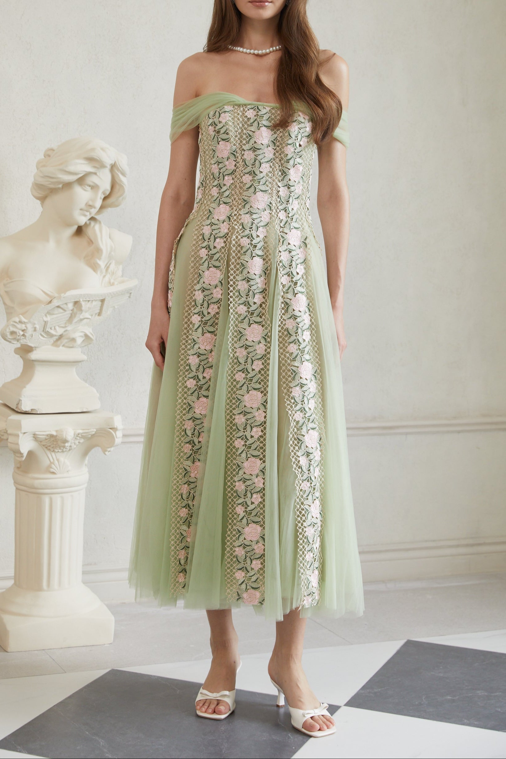 octavia Tulle Panel Floral Midi Dress in green