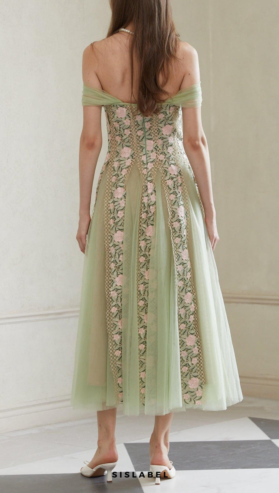 octavia Tulle Panel Floral Midi Dress in green