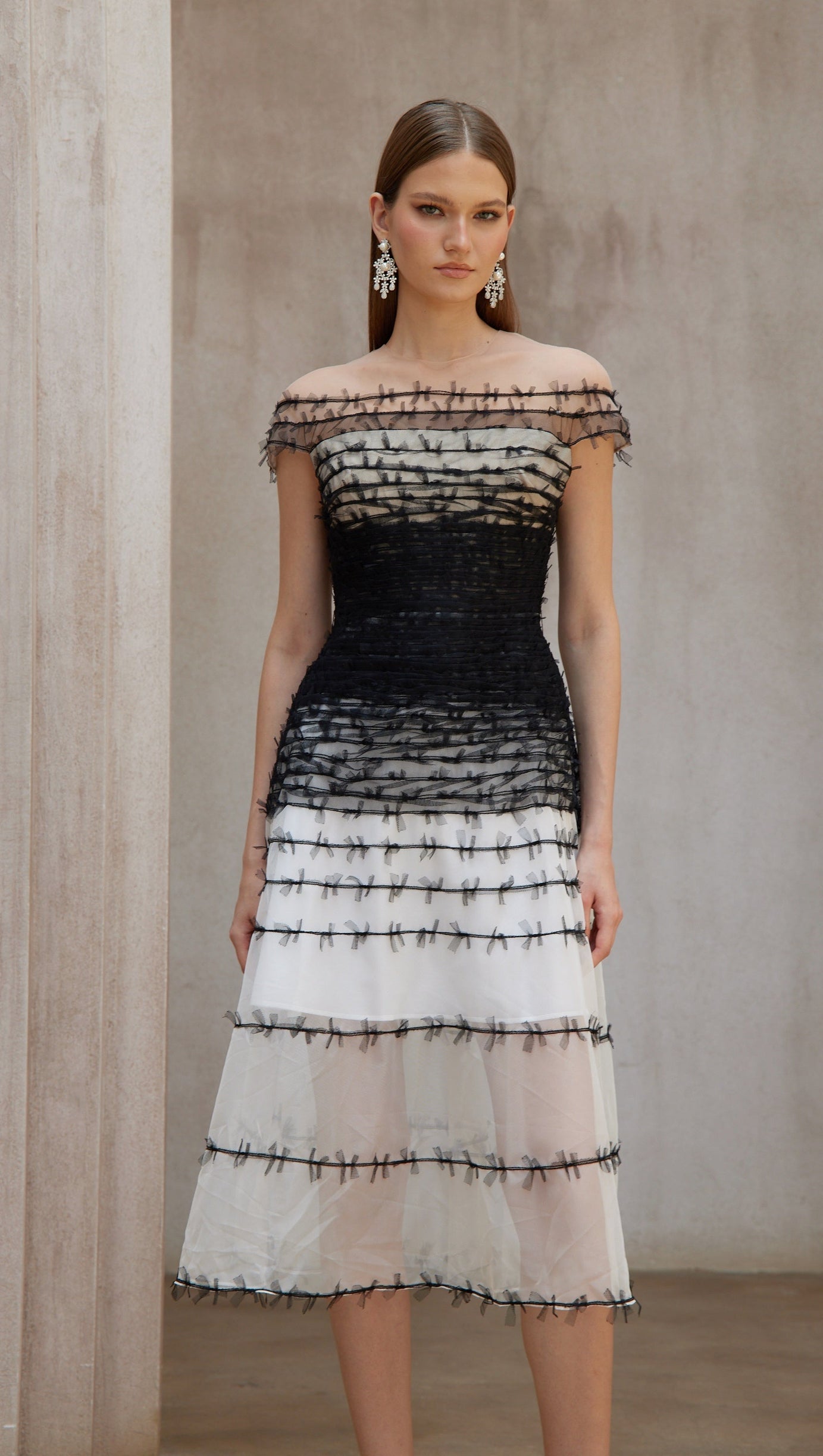 Off-Shoulder Lace Embroidery Hollow Maxi Dress Black