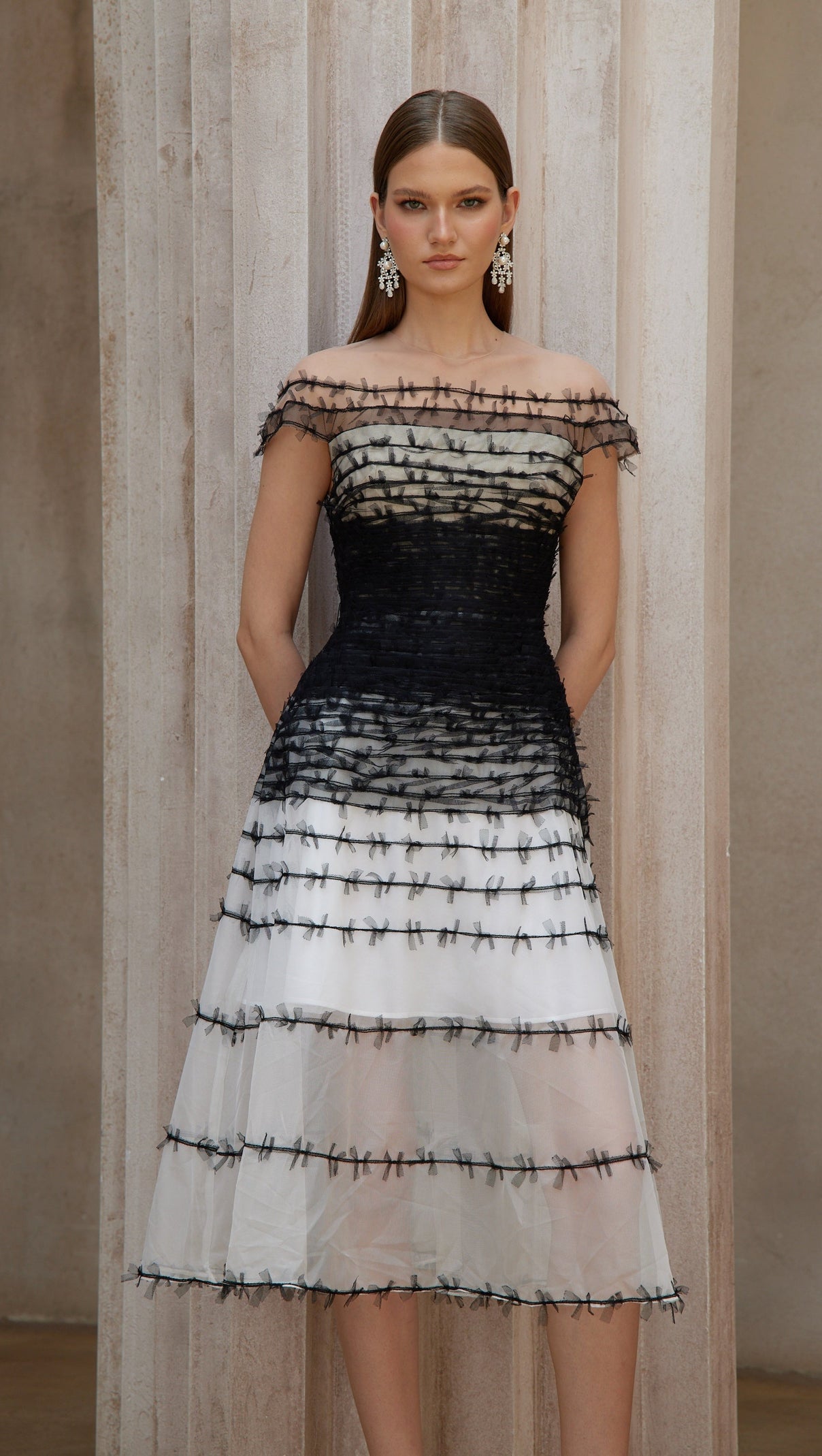 AIIZIE Off-Shoulder Lace Embroidery Hollow Maxi Dress Black - product image