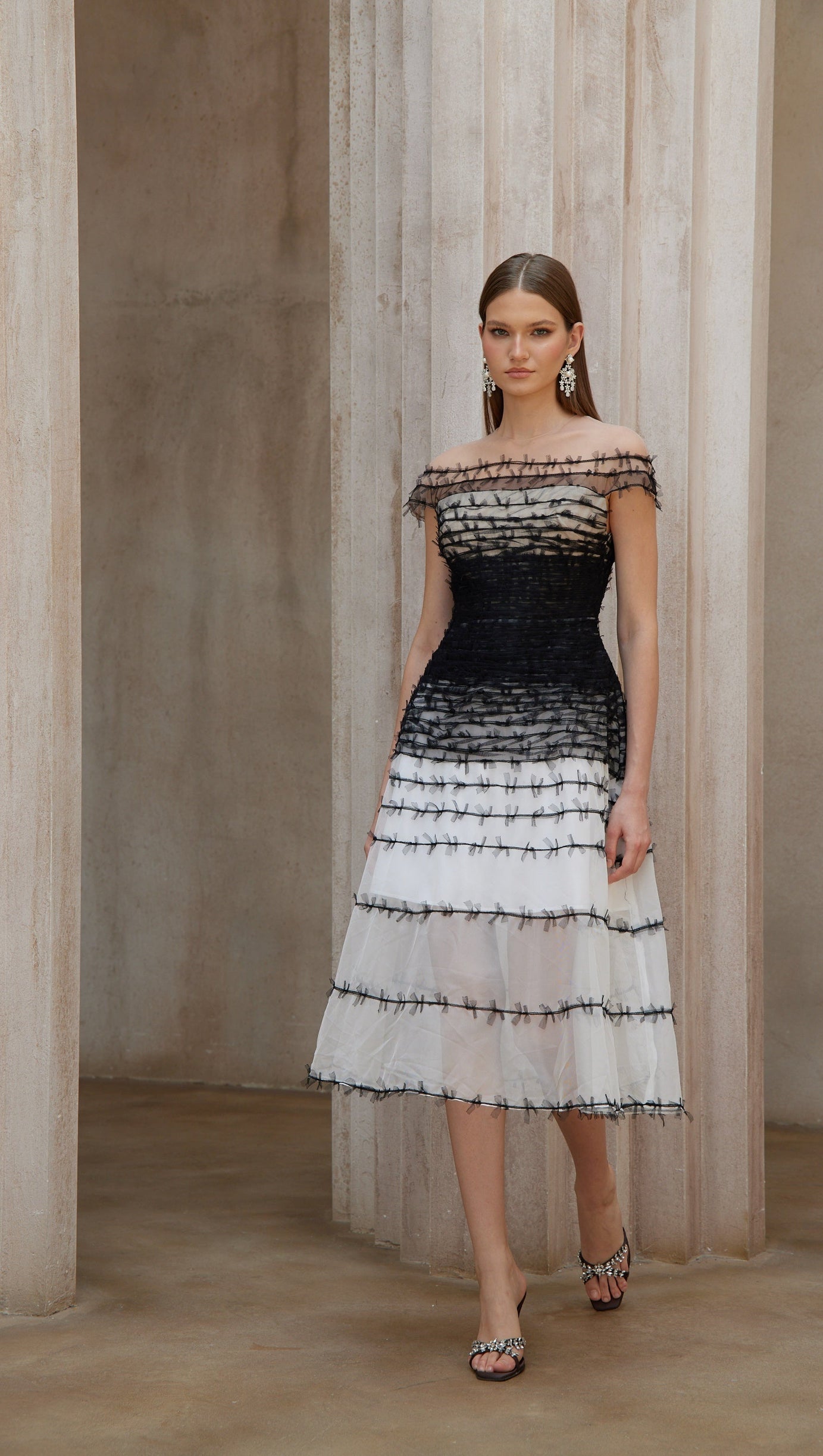 Off-Shoulder Lace Embroidery Hollow Maxi Dress Black
