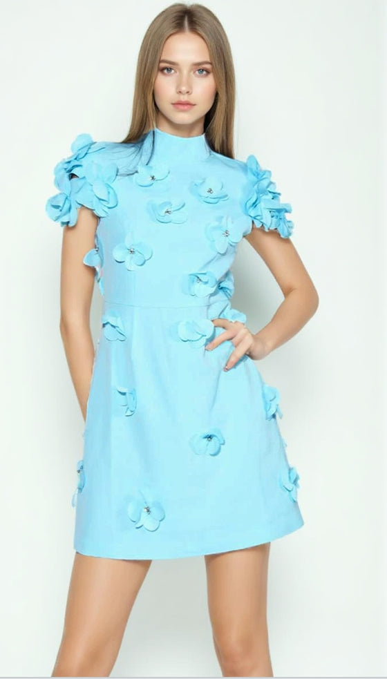 BLUE FLOWER DECOR MINI DRESS