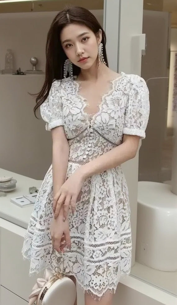 AIIZIE WHITE FLORAL GUIPURE MINI DRESS - product image