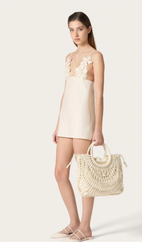EMBROIDERED CREPE COUTURE MINI DRESS IN WHITE