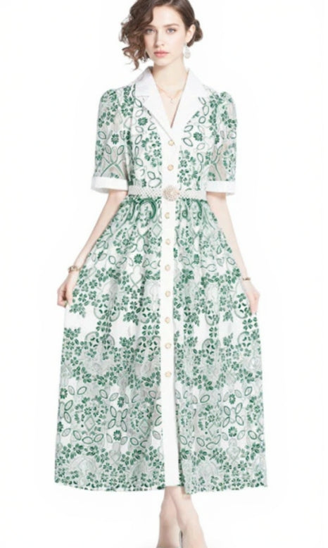 V NECK SPLICED BELTS EMBROIDERY MIDI DRESS IN GREEN