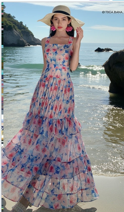 AIIZIE FLORAL PRINT RUFFLE TRIM MAXI DRESS IN ROSE - product image