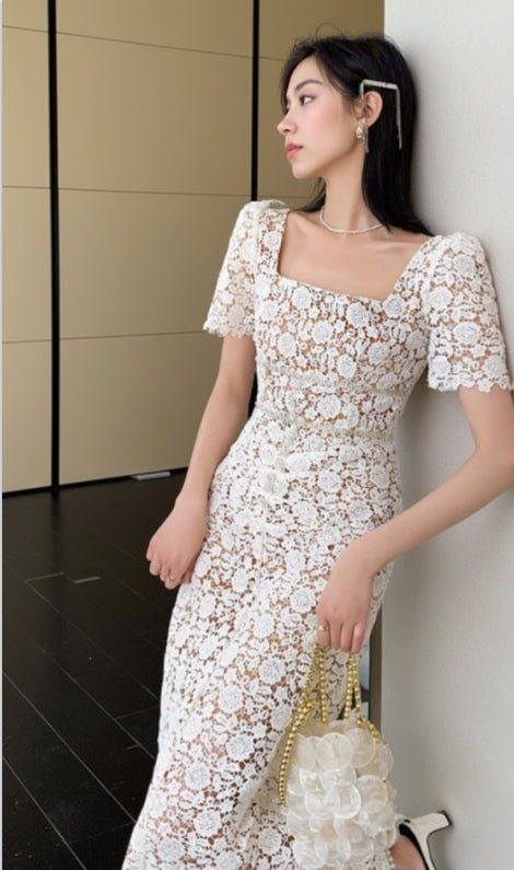 EMBELLISHED GUIPURE LACE MIDI DRESS IN WHITE