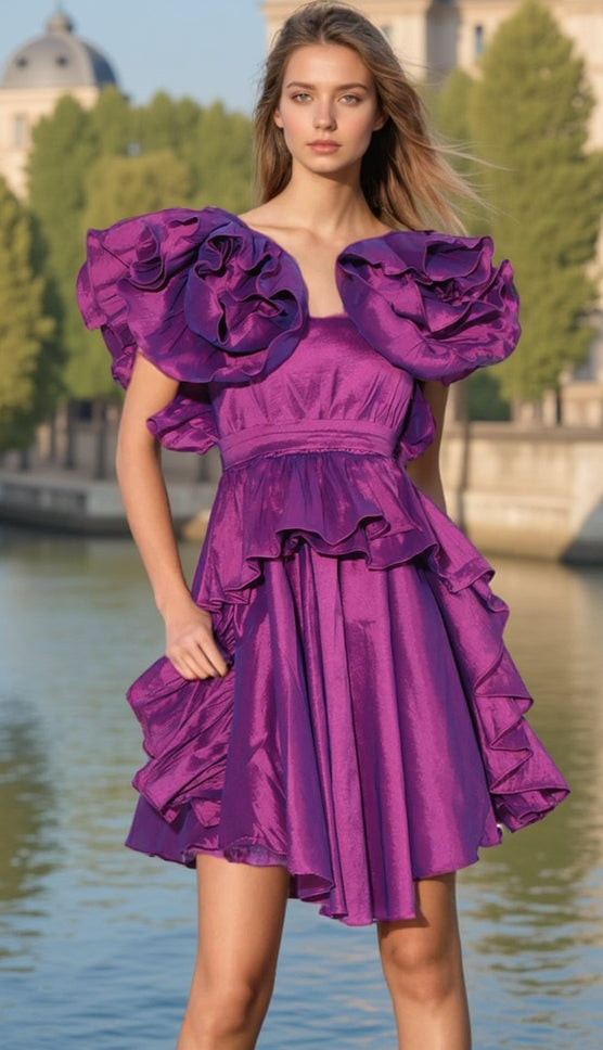RUFFLES SATIN MINI DRESS IN PURPLE