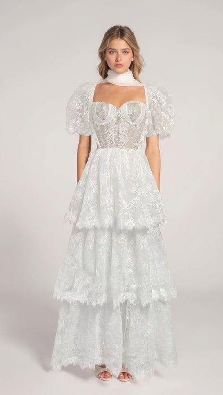 PUFF SLEEVE LACE MAXI DRESS IN WHITE