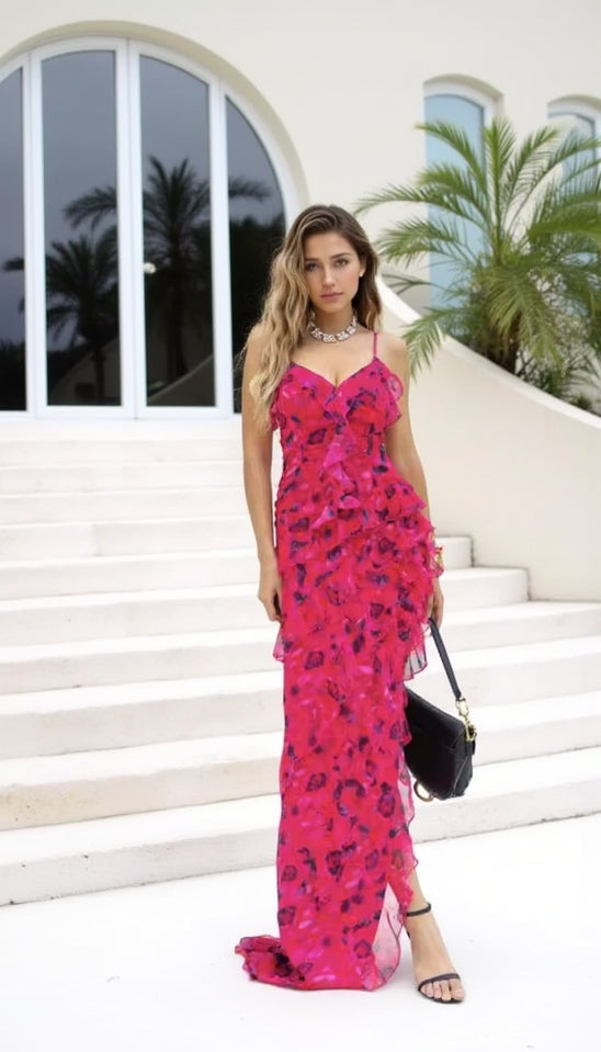 FLORAL RUFFLE MAXI DRESS IN HOT PINK