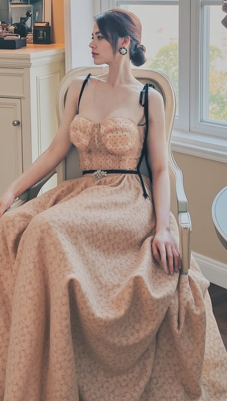 FLOWER MESH DOT MIDI DRESS IN PALE ORANGE