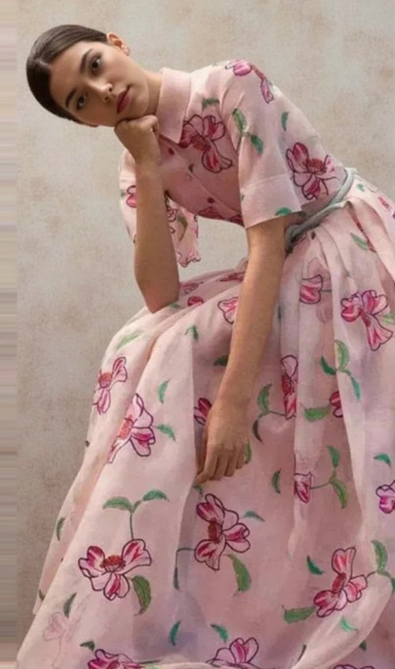 TIE-BACK EMBROIDERED SILK-ORGANZA GOWN