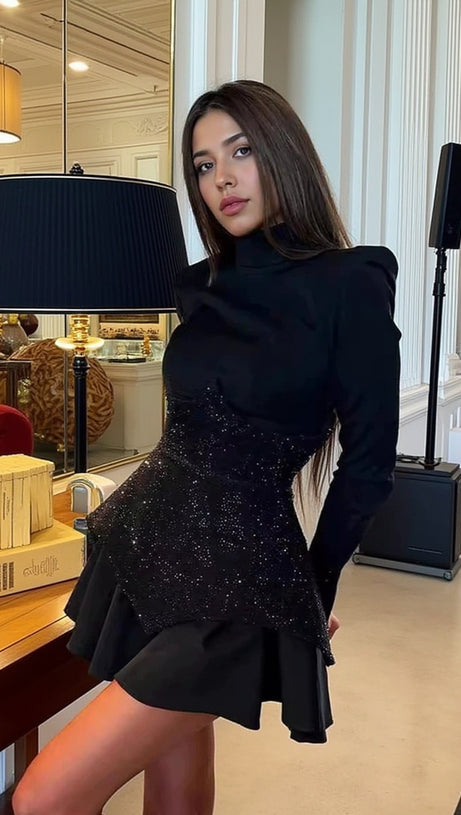 SPLICE SEQUIN MINI DRESS IN BLACK