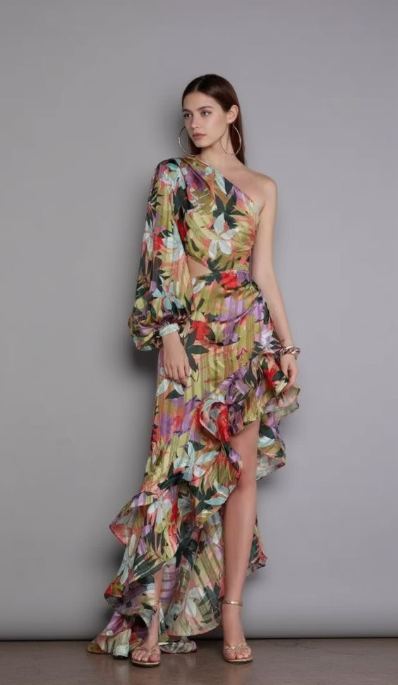 ONE SHOULDER RUFFLR TRIM PRINTED MAXI DRESS
