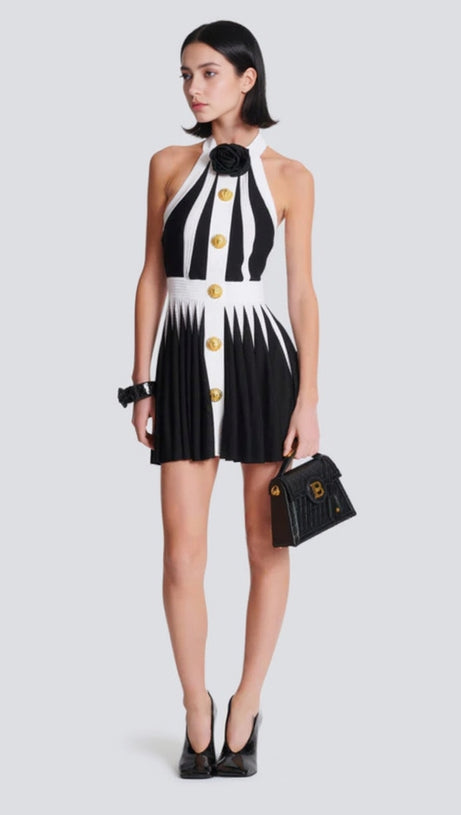 FLORAL-APPLIQUÉ PLEATED KNIT MINI DRESS