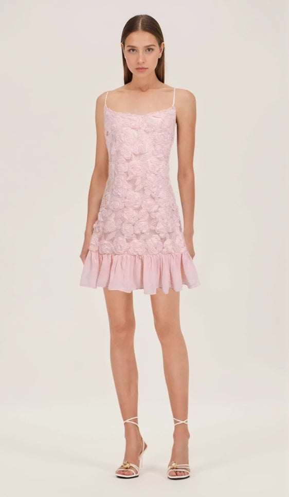 FLORAL APPLIQUÉ PLEATED HEM MINI DRESS IN PINK