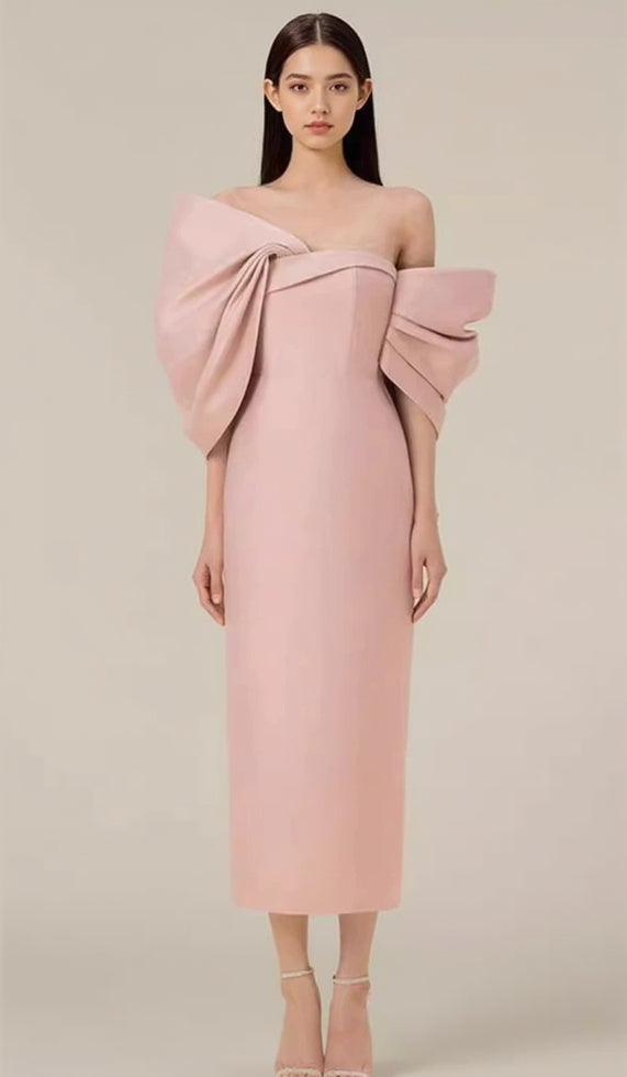 OFF SHOULDER RUCHED MIDI DRESS IN PINK