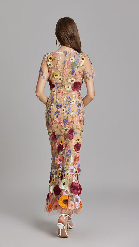 FLORAL EMBROIDERY MESH FISHTAIL MIDI DRESS IN BROWN