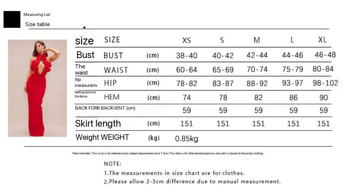 ABITO LUNGO ROSSO CON SCOLLO A V E SCHIENA SENZA SCHIENA, FIORI 3D
