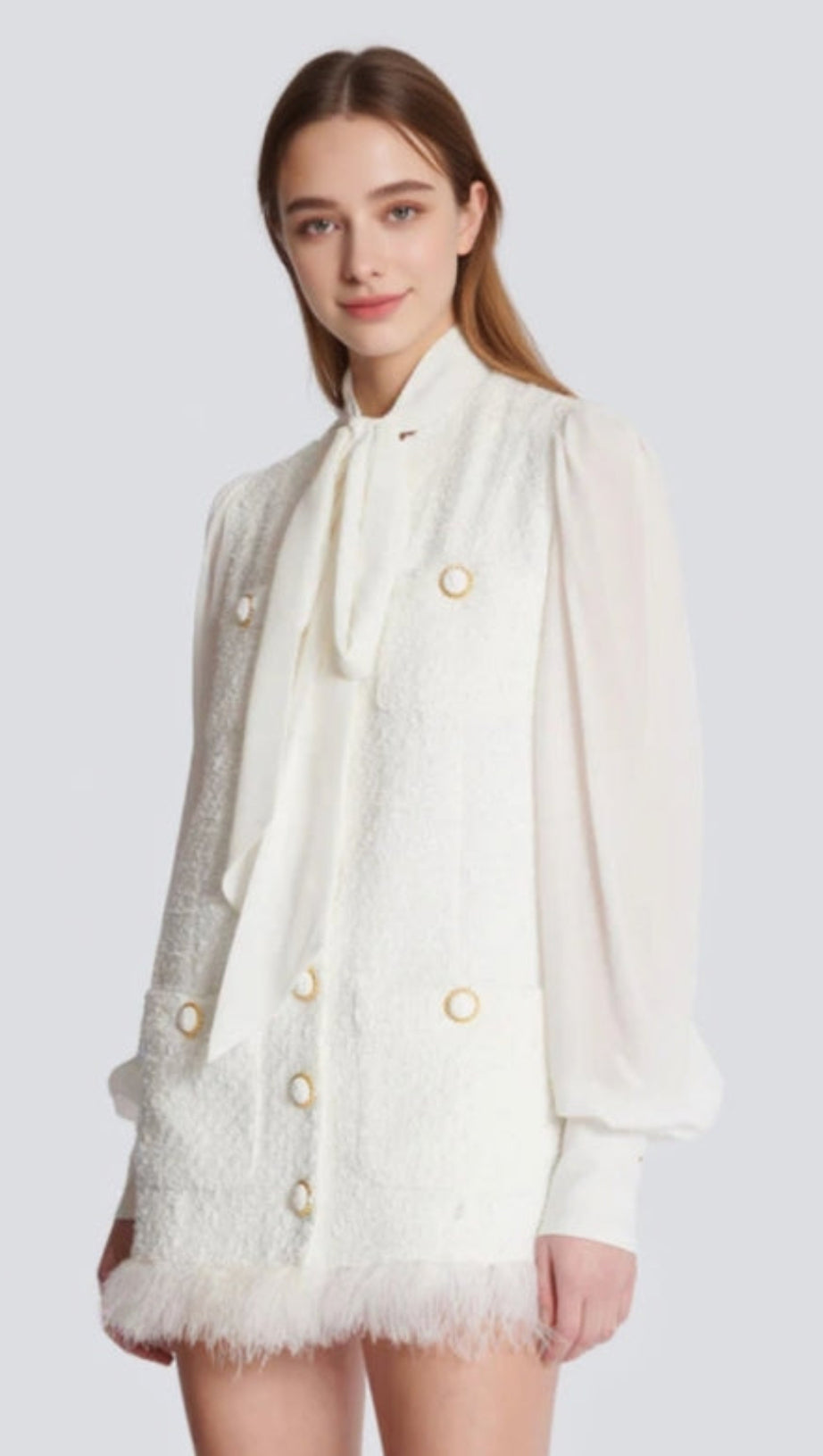 TWEED MINI DRESS WITH PUSSY-BOW COLLAR IN WHITE