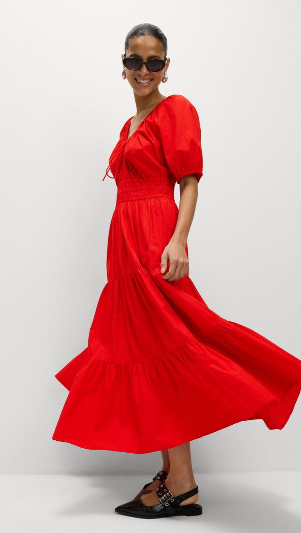 AIIZIE PURE COTTON TIE NECK MIDAXI WAISTED DRESS RED - product image